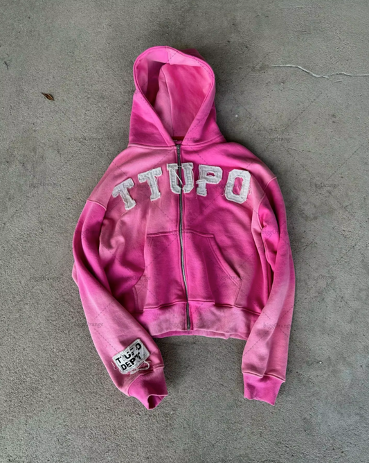 OVERSIZED PATCHED ZIP HOODIE PINK