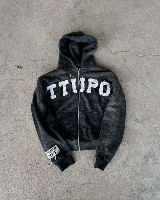 OVERSIZED PATCHED ZIP HOODIE BLACK